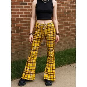 Farm Rio Yellow Plaid Low Rise Flare Pants Y2K Women’s US Small